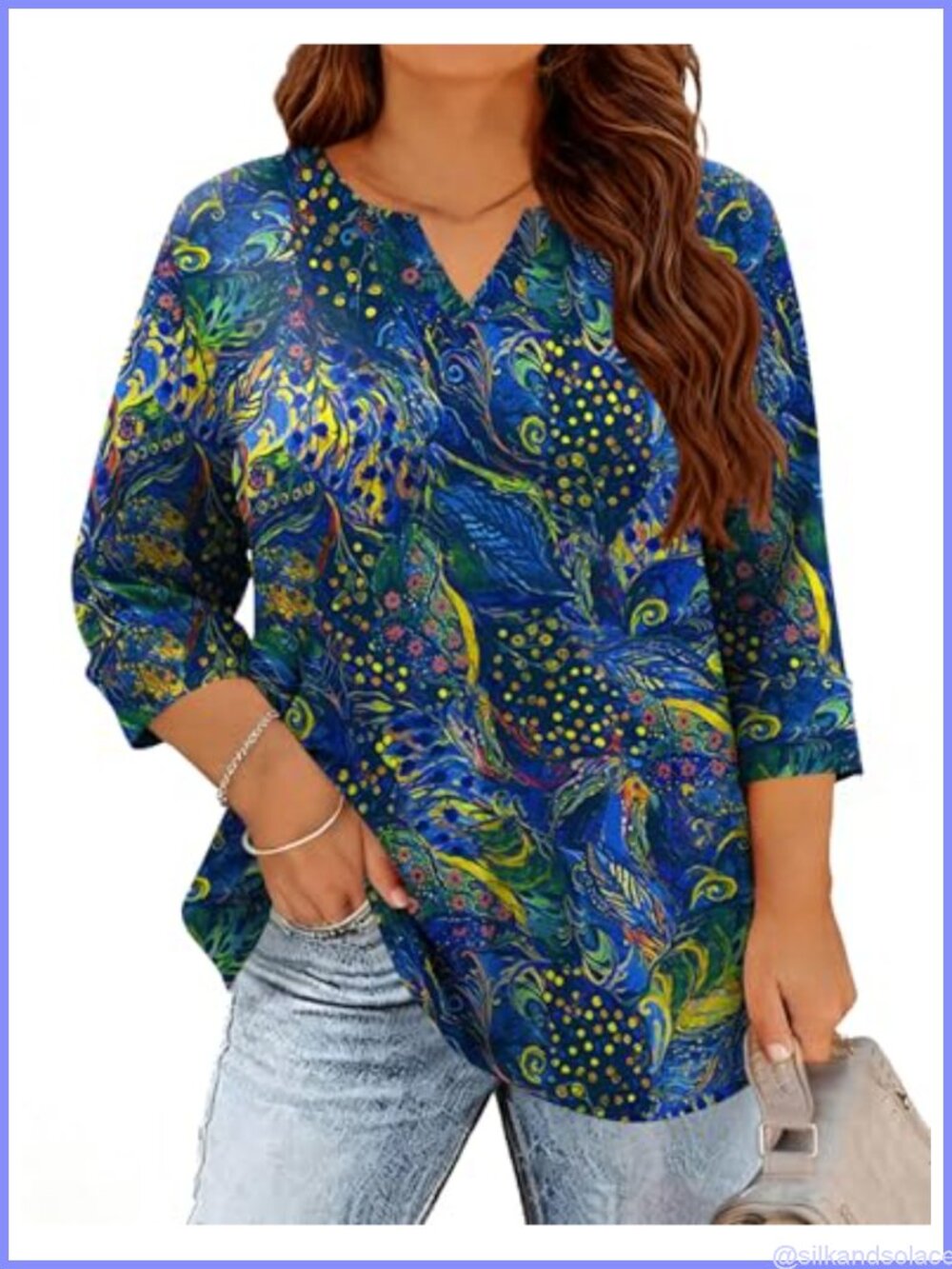 Women's Plus Size V-Neck Tunic Top 3/4 Sleeve Loose Fit Casual Blouse